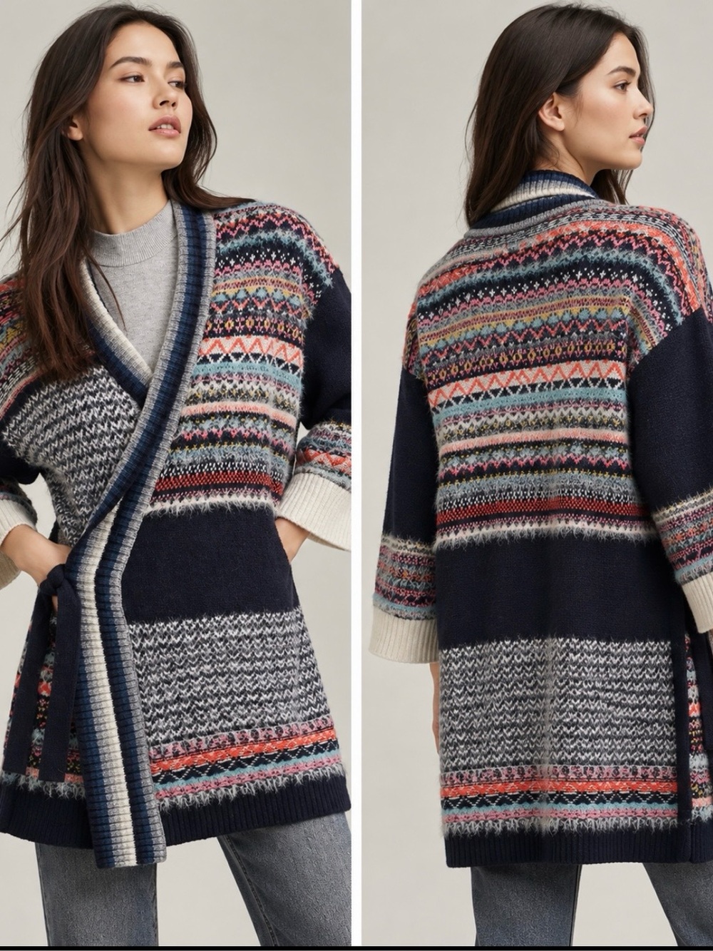 Anthropologie Kimono Fair Isle Wrap Cardigan sleeping on snow